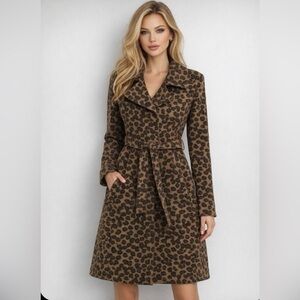 FLEURETTE Women’s Wool Cashmere Blend Leopard Coat Winter Warm Career Size 10